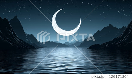 Serene Night Scene Crescent Moon over Tranquil...のイラスト素材 [126171804 ...