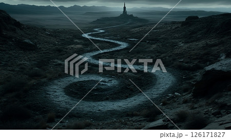 Serpentine Desert Road Leading to Ancient Tower Dramatic Landscape Photography 126171827