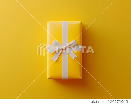 Yellow Gift Box with White Ribbon Bow on Yellow Background Present Birthday Celebration Concept Yellow Gift Box with White Ribbon Bow on Yellow Background Present Birthday Celebration Concept 126171946