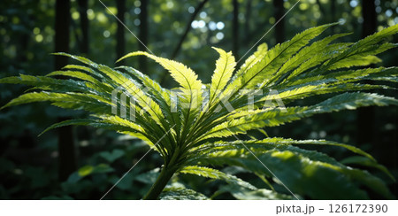 Luminous Forest Depths Back-illuminated fern fronds creating abstract green transparency study without contextual forest. Extreme backlighting reveals internal structure. Natural 126172390
