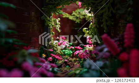 Colorful garden path with vibrant flowers and lush greenery inviting exploration in a serene outdoor setting 126172415