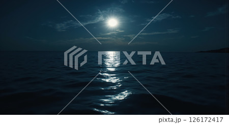 Moonlit Ocean Minimalism Gentle lunar reflection on calm water creating abstract silver pathway in deep blue-black palette without horizon. Long 126172417