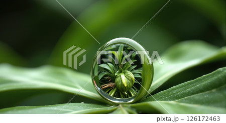 Hyperrealistic Water Droplet Extreme macro photography of water droplet resting on hydrophobic leaf surface, creating perfect spherical lens effect. Inside 126172463