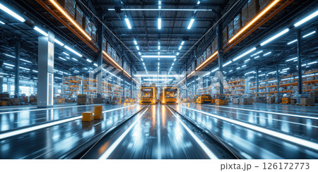 Warehouse Forklift Shelves Modern automated forklifts transporting boxes in bright industrial distribution center 126172773