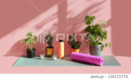 Home yoga setup featuring plants, a workout mat, and hydration at mid-morning in a peaceful indoor environment Home yoga setup featuring plants, a workout mat, and hydration at mid-morning in a peaceful indoor environment 126172778