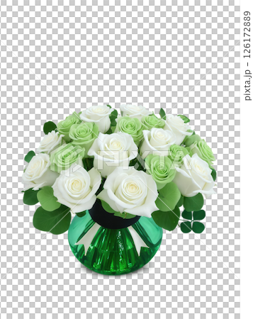 St. Patrick's Day Luck (Shamrocks Bells of Ireland White Roses) rounded green-tinted vase with clear water, holding a 126172889