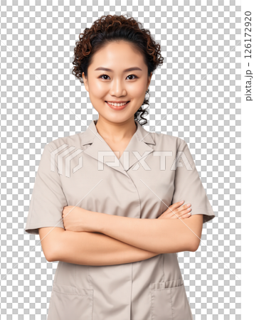 Asian woman aged 20-30 years old, wearing medical uniform, looking happy without glasses, with curly hair and brown hair. 126172920