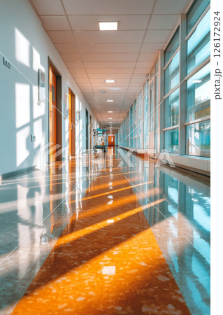 Clean and reflective office hallway with sunlight and polished floor 126172924