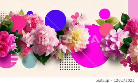 Colorful floral arrangement with vibrant shapes in a creative design setting 126173023