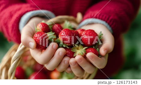 Child holds a basket filled with fresh strawberries outdoors during a sunny day in spring Child holds a basket filled with fresh strawberries outdoors during a sunny day in spring 126173143