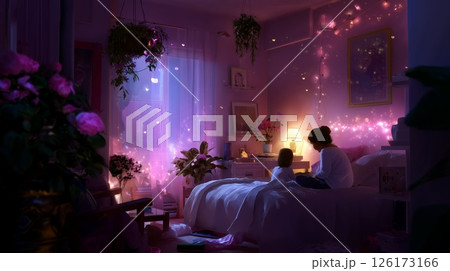 Mother and child share a magical evening in a cozy bedroom filled with shimmering lights and plants 126173166
