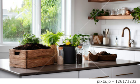 Colorful bins for sorting of plastic, paper garbage and organic waste at home. Modern kitchen with a system for sorting waste. Waste Separation Concept. Zero waste. Eco-friendly. 126173232