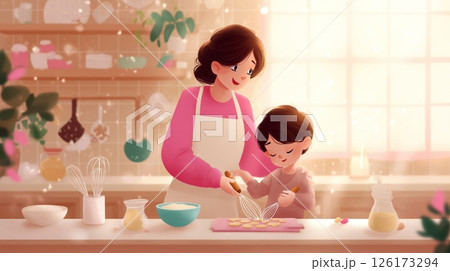 Mother and son baking together in a cozy kitchen during a sunny afternoon 126173294