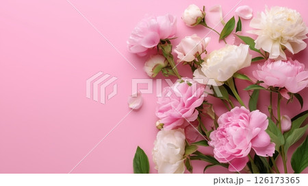 Beautiful peonies in soft pink tones arranged elegantly on a pastel background for a fresh spring vibe 126173365