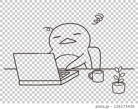 Penguin tired from remote work Line drawing 126173430