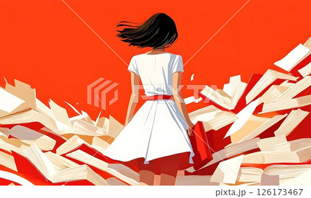 Conceptual art of a woman amidst a sea of knowledge, symbolizing learning and personal growth 126173467