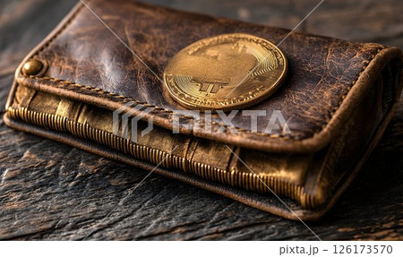 Aged leather wallet with a gold cryptocurrency coin on a rustic surface 126173570