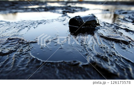 Petroleum Spill, Crude Oil Contamination with a Discarded Barrel Petroleum Spill, Crude Oil Contamination with a Discarded Barrel 126173578