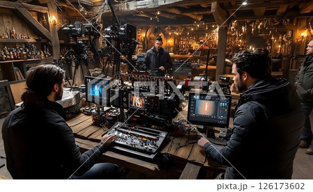 Behind the scenes, Film crew editing footage in a rustic studio setting 126173602