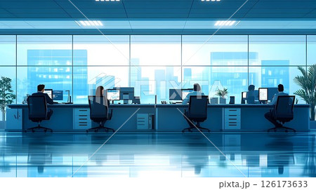 Open Office Space with Workers and City Skyline Providing a Modern Business Environment 126173633