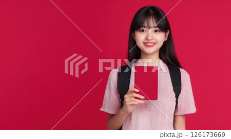 Smiling Asian woman holding passport, travel. 126173669