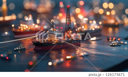 Night scene of miniature oil rig and ships at sea. 126173671