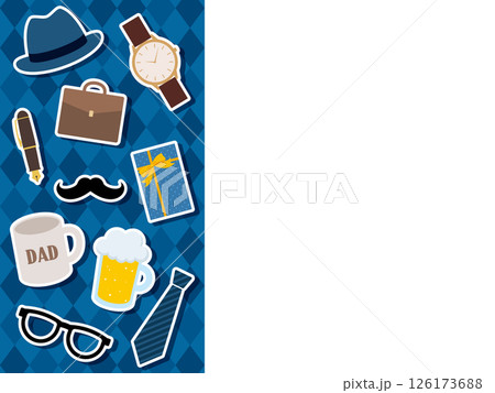 父の日のアイテム10種が左端に配置されたフレームのイラスト【ひし形模様背景】 126173688