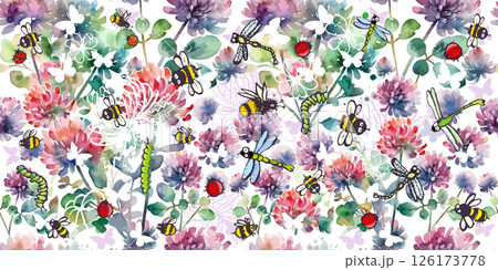 Seamless watercolor pattern with colorful wildflowers. Clover Watercolor Flower with Butterflies , bees and dragonflies. hand drawn. Not AI, Vector illustration Seamless watercolor pattern with colorful wildflowers. Clover Watercolor Flower with Butterflies , bees and dragonflies. hand drawn. Not AI, Vector illustration 126173778