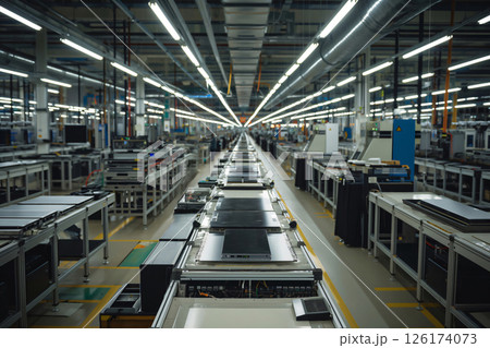 Electronics manufacturing plant with a conveyor belt carrying computer parts, technicians working in the background 126174073