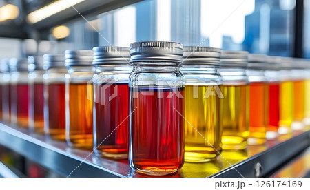 Colorful liquids in glass jars in a laboratory environment backdrop 126174169