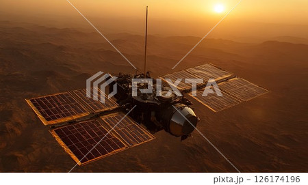 Orbital exploration, A spacecraft traverses the martian landscape at sunset 126174196
