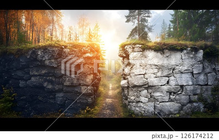 Mystical Passage Through Ancient Stone Walls in a Lush Forest Landscape 126174212