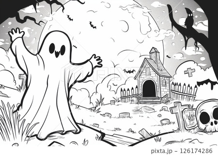 Black and white illustration of a friendly ghost waving in front of a haunted house, perfect for halloween coloring activities 126174286