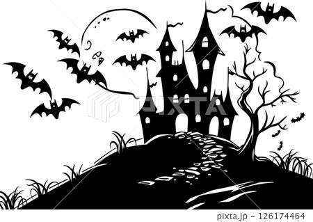 Black and white illustration featuring a spooky...のイラスト素材 [126174464 ...