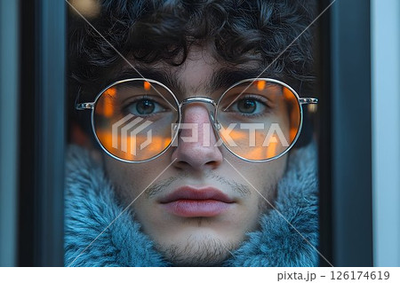 Intense gaze of a young man with round glasses reflecting city lights 126174619