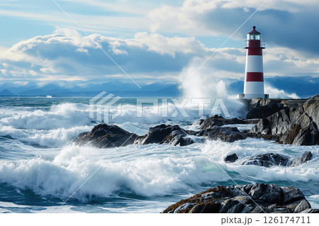 Ocean waves crashing against a rocky shore with a red and white lighthouse in the background 126174711