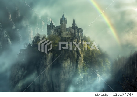 Medieval castle standing on a cliff surrounded by a mystical atmosphere with a rainbow appearing through the clouds 126174747