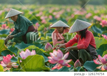 Three vietnamese farm workers wearing traditional conical hats are harvesting lotus flowers in a large field in vietnam 126174754
