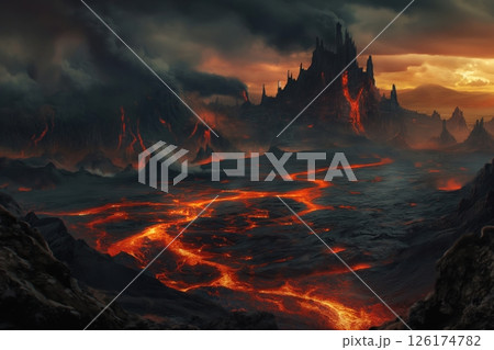 Stunning volcanic landscape with flowing lava at sunset, showcasing nature's power and beauty in shades of red and orange 126174782