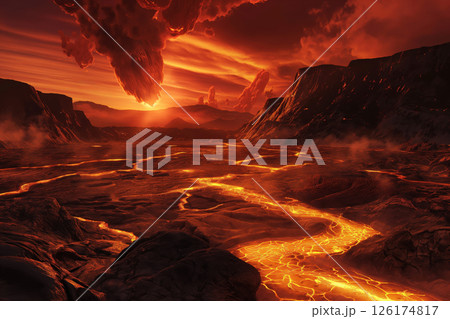 Molten lava flows on an alien planet at sunset, creating a dramatic scene with hot hues. The bright glow contrasts with the dark sky, hinting at a volcanic eruption in a sci fi fantasy 126174817