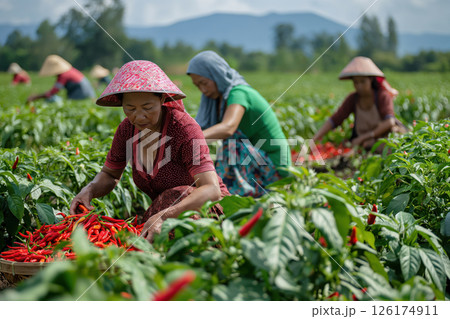 Women farmers in asia harvest red chili peppers in a sunny field, showcasing dedication to producing fresh vegetables. Rural agriculture on a summer day 126174911