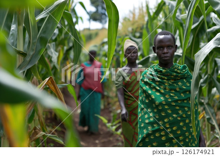 Three farmers are walking through a lush green maize field, potentially inspecting their crops 126174921