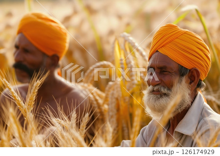 Two farmers are standing in a golden wheat field, enjoying the fruits of their labor during harvest season in punjab, india 126174929