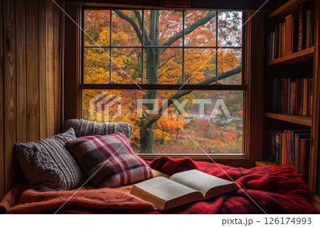 Open book is laying on a cozy reading nook by a window overlooking a forest in autumn Open book is laying on a cozy reading nook by a window overlooking a forest in autumn 126174993