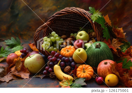 Wicker basket overflowing with a cornucopia of fresh fruits and vegetables on a rustic wooden table with autumn leaves creating a warm and inviting thanksgiving atmosphere 126175001