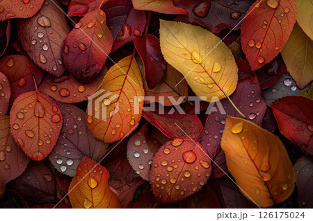Vibrant carpet of wet fall leaves in various shades of red, orange, and yellow, creating a beautiful autumnal scene 126175024