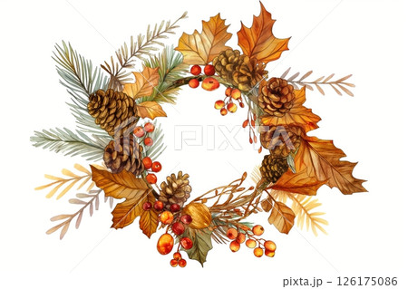 Watercolor wreath featuring colorful autumn leaves, pine cones and red berries, perfect for thanksgiving or fall themed designs 126175086