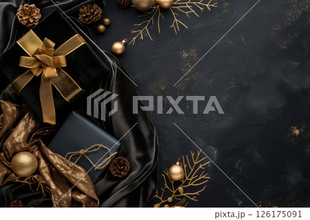 Christmas composition with gift boxes wrapped in black and gold wrapping paper and golden decorations on black velvet background providing copy space 126175091