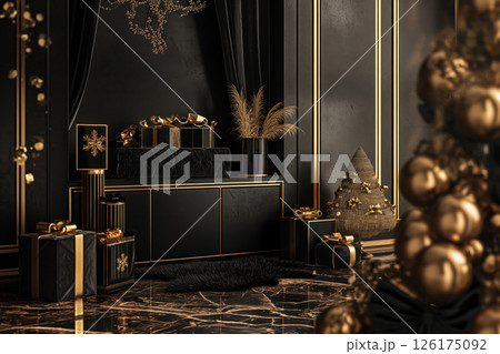 Luxurious interior decorated for christmas using gold and black colors with presents under a christmas tree 126175092