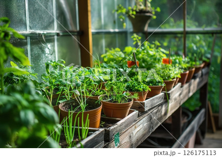 Rows of fresh herbs and vegetables growing in pots on wooden shelves inside a greenhouse Rows of fresh herbs and vegetables growing in pots on wooden shelves inside a greenhouse 126175113
